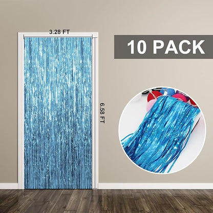 10 Pack Foil Curtain Backdrop Blue Metallic Tinsel Foil Fringe Curtains Photo Booth Props for Birthday Wedding Engagement Baby Shower Bachelorette Christmas Holiday Celebration Party Decorations