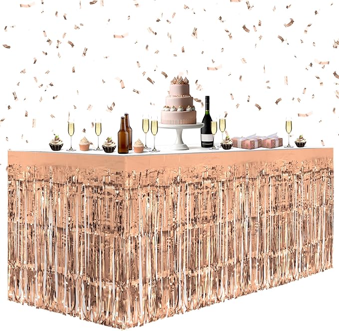 2 Pack Rose Gold Table Skirts, 29x108" Metallic Foil Tinsel Fringe Table Skirts for Rectangle Tables Streamer Curtains Backdrop, Party Decorations for Birthdays Weddings Holidays