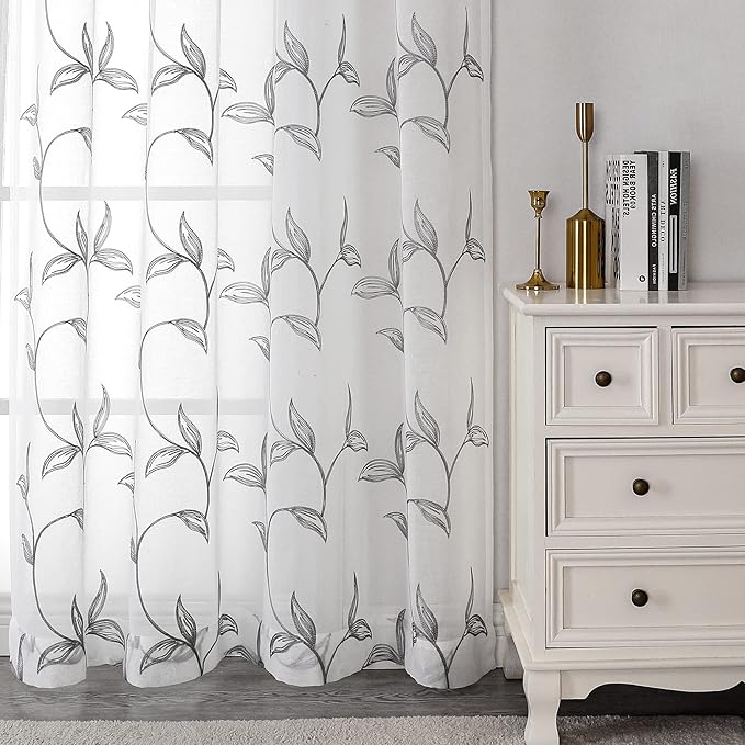 VISIONTEX Sheer Curtains 63 Inch Length 2 Panels, Decor Iron Grey Vine Leaves Embroidery on White Voile Pair, Accent Semi Window Drapes for Kitchen, Living Room and Bedroom, 54" W x 63" L