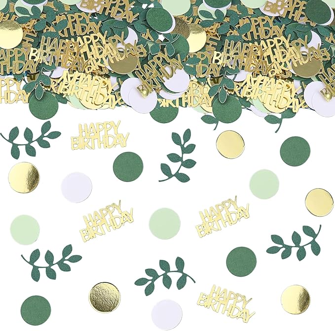 Sage Green Happy Birthday Confetti, Birthday Table Decorations Scatter Green Gold Foil Cake Confetti Decorations for Party, Baby Shower DIY Arts Crafting 230 Pcs