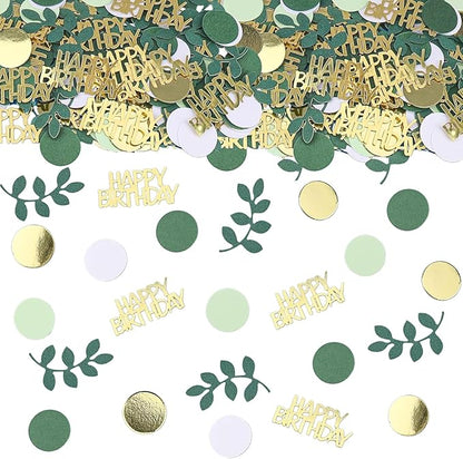 Sage Green Happy Birthday Confetti, Birthday Table Decorations Scatter Green Gold Foil Cake Confetti Decorations for Party, Baby Shower DIY Arts Crafting 230 Pcs