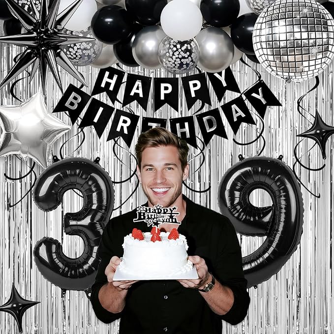 39th Birthday Decorations for Men Women, Black Silver Happy Birthday Party Decorations， 39 Year Old Party Supplies with Number 39 Balloons, Banner, Fringe Curtains Kit