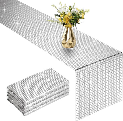 4 Packs Glitter Disco Party Table Runner 12 x 108 Inches Mirror Silver Foil Decor for 70s 80s Disco Party Decorations Birthday Home Table Decorations