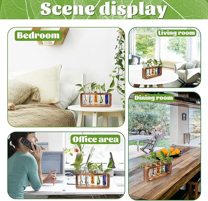 Glass Plant Propagation Station with 5 Test Tubes Colorful Planter Vase Birthday Gifts for Women in Wooden Stand