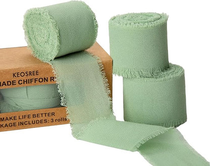 3 Rolls Sage Green Handmade Chiffon Ribbon,1.5" x 21Yd Frayed Fringe Silk Ribbons (3 Rolls *7Yd) for Gifts Wrapping, Wedding Invitations, Bridal Bouquets, Decorations
