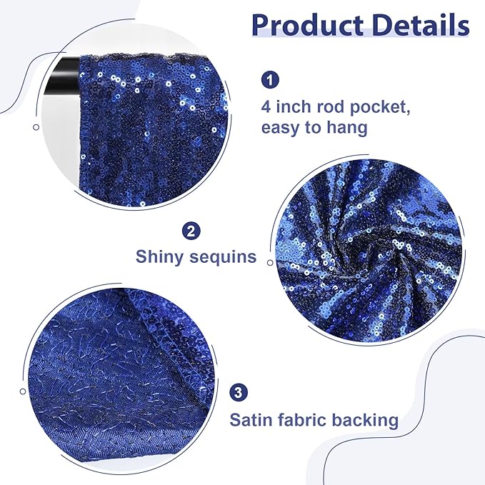 SquarePie Sequin Backdrop Curtain 8FT x 10FT Navy Blue Satin Backing Fabric Photography Background for Wedding Patry 4FT x 10FT 2 Panels