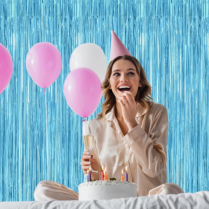 8 Pack Party Decorations, 3.28 FT x 7.05 FT Party Streamer, Metallic Sky Blue Tinsel Backdrop Fringe Curtains Party Decorations, Light Blue Birthday Backdrop Photo Booth Props