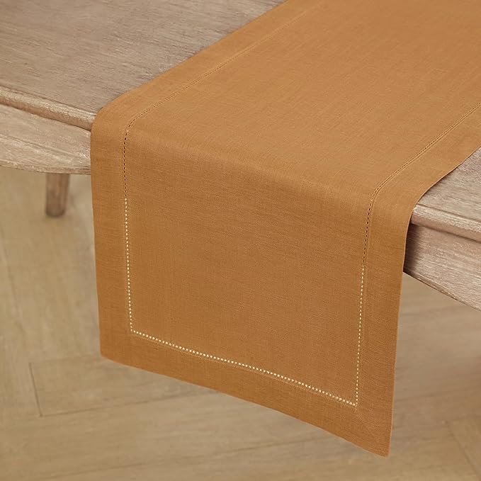Solino Home Linen Brown Sugar Table Runner 120 Inches Long - 100% Pure Linen 14 x 120 Inch Table Runner for Fall, Autumn, Thanksgiving - Classic Hemstitch