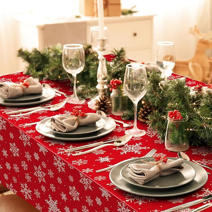 Jectivs 6 Pieces Christmas Snowflake Plastic Party Tablecloth Decorations,White Snowflake Red Xmas Backdrop Sign Table Cover Banner for Winter Christmas Holiday Party Supplies,54x108 inch (Red)