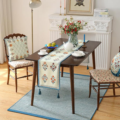 ISAENNE Designer Light Green Linen Table Runner 71 Inches Long,French Floral Patterns Elegant Table Runner for Dining Tables,Thanksgiving,Kitchen Tables,Christmas,12"*71"-Floralsea B