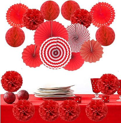 Hanging Paper Fan Set, Tissue Paper Pom Poms Flower Fan and Honeycomb Balls for Birthday Baby Shower Wedding Festival Decorations - Red