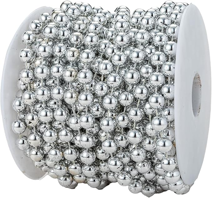 8mm Crafts Faux Pearl Beads Garland Pearl Bead Roll Strand of Pearls to Decorate Floral Centerpieces Wedding Party Favor Christmas Tree(33 Feet Silver)