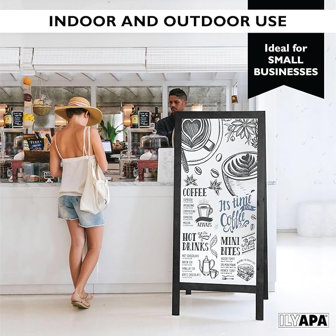 Ilyapa Wooden Dry Erase A Frame Sign - Magnetic Whiteboard Sidewalk Menu Board Outdoor - Menu Display for Restaurant, Food Truck - 58x27 inch - Black