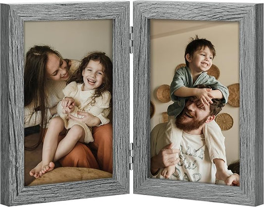 decorUhome Double 4x6 Picture Frame Vertical, Engineered Wood Bifold Photo Frame with Plexiglass for Tabletop Display, 4x6, Grey