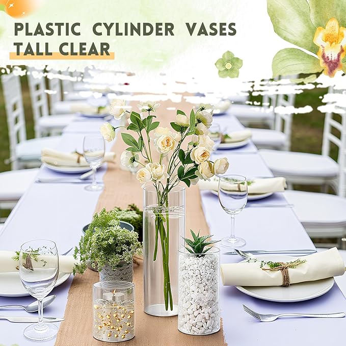 Nuogo 12 Pcs Plastic Cylinder Vases Tall Clear Flower Vases for Centerpieces Hurricane Candle Holder for Home Wedding Office Party Formal Dinners Decorations (4''/6''/8'')
