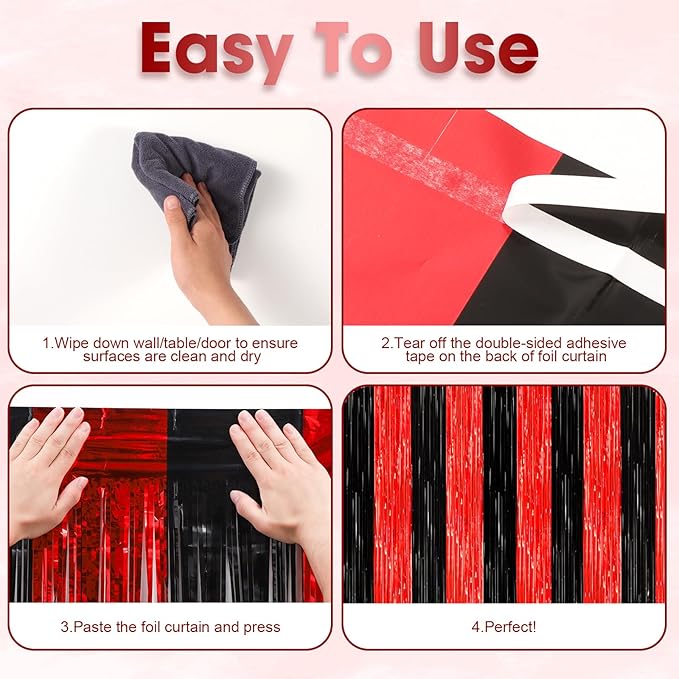 2 Pack Red and Black Tinsel Foil Fringe Curtains, Red and Black Party Decorations, Metallic Tinsel Party Streamers Backdrop for Halloween Birthday Red Carpet New Years Party Decorations