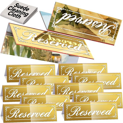 12 Pcs Mirrored Gold Reserved Table Signs, 6" x 2" Double-Sided Table Tent Sign with Suede Cleaning Cloth, Acrylic Reserved Signs for Wedding Restaurant Ceremony Party Banquet