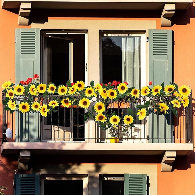 Uieke 12PCS Artificial Sunflower Garland, 7.5ft/Strand Silk Sunflowers Hanging Vines Flowers with Green Leaves for Room Kitchen Garden Birthday Wedding Baby Shower Party Table Decor Large