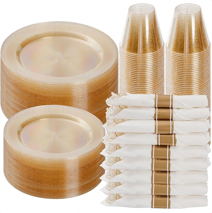 Goodluck 350 Piece Gold Glitter Plastic Dinnerware Set for 50 Guests, Disposable Plates for Party, Include: 50 Dinner Plates, 50 Dessert Plates, 50 Rolled Napkins with Silverware, 50 Cups