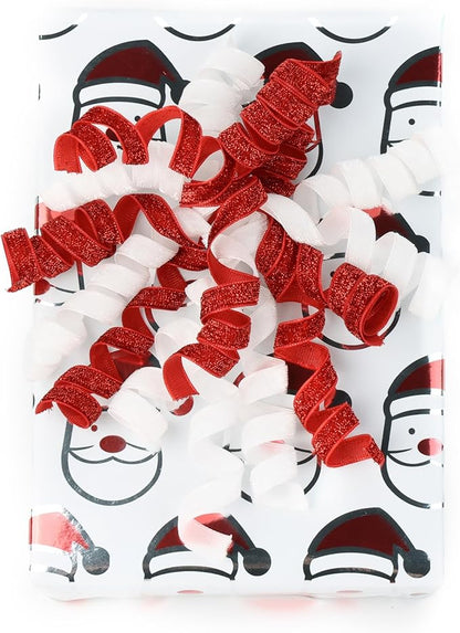 6" Metallic Glitter Red and White Self Adhesive Curly Ribbon Gift Wrap Bows for Christmas, Holiday, Birthday, Wedding, Presents, Party Favors Decorations 6-Count