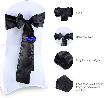 MDS Pack of 75 PCS Satin Chair Sashes Charmeuse Sateen Dining Chair Bows Ribbon Ties Back Sash for Wedding Party Birthday Home Hotel Restaurant Banquet Decoration (7 x 108 Inch, Black)