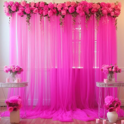 20x10 Hot Pink Tulle Backdrop Curtains for Parties, Sheer Backdrop Curtain Wedding Photo Background Drapes for Baby Shower Photography Birthday Party