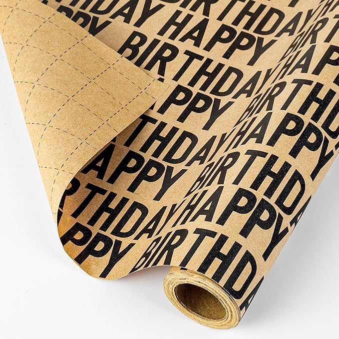 Yarcony Birthday Kraft Wrapping Paper Roll, Mens Gift Wrapping Paper - 17 Inch x 33 Feet - Vintage Style Brown Black Happy Birthday Gift Wrap Thick Present Sheet for Holiday, Party, Father's Day