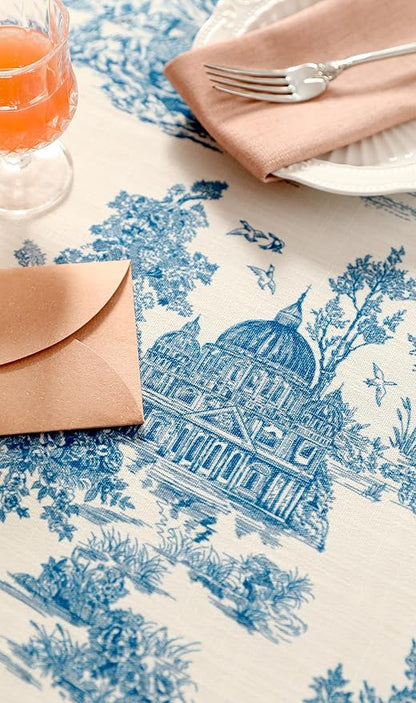 patdrea Designer Vintage Cyan Extra Long Tablecloth for Rectangle Table,Linen Ancient Castle and Manor Pattern Tablecloths,Decor for Kitchen Dining Christmas,Thanksgiving,63"x110"-Lucerne a