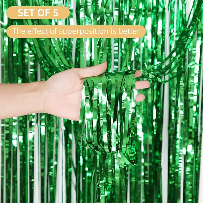5 Pack Green Fringe Backdrop 3.2ft x 8.2ft Foil Curtain Tinsel Fringe Curtains Backdrop Streamers for Birthday Party Decoration Wedding Christmas Decoration