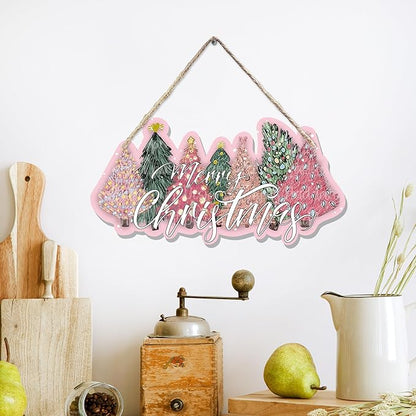 CGBHW Pink and Green Christmas Tree Wooden Sign, Merry Christmas Decoration Hanging Sign Wall Decor, Pink Christmas Holidays Theme for Home Office Girls College Dorm Door Decor 12 x 6 Inch