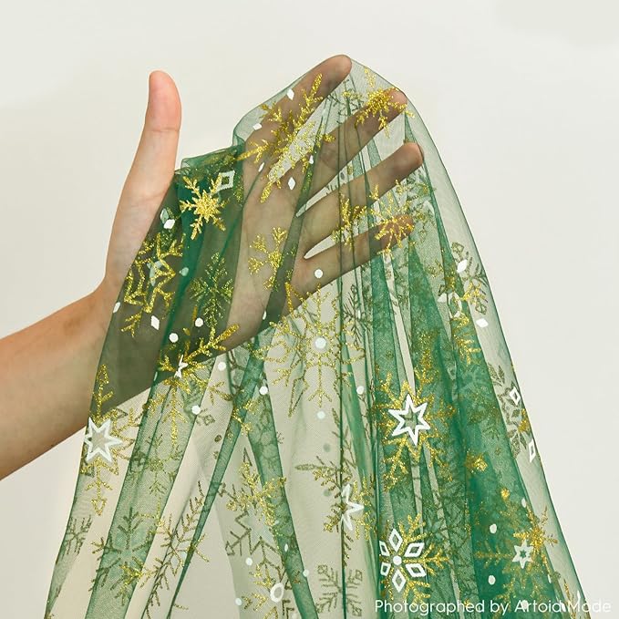 Artoid Mode Green Gold Snowflakes Christmas Gauze Table Runner 120 Inch 10FT, Winter Seasonal Sheer Dining Holiday Wedding Table Decor for Home Party