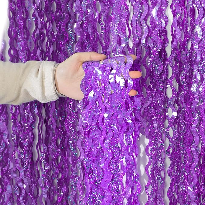 4 Pack Sparkle Wavy Purple Tinsel Curtain Party Backdrop - 3.3X6.6ft Foil Fringe Curtain Party Photo Booth Streamers for Mermaid Euphoria Themed Decorations