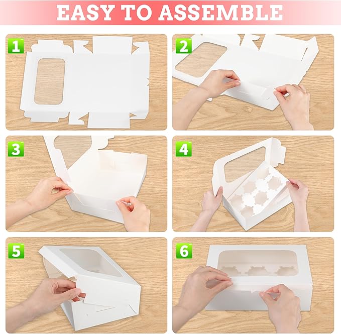 White Cupcake Boxes Holds 6 Standard Cupcake Container,50 Packs,Pastry and Bakery,9.4x6.1x3.14Inches Cookie Boxes with Window and Six Treat Holder for Birthday Holiday Party Bakery