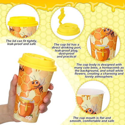 Yungyan 16 Sets Honey Bee Party Favors Goodie Cups with Lids and Straws for Birthday Decorations Reusable 16oz Plastic Candy Cups Plastic Straws for Birthday Party(Bee)