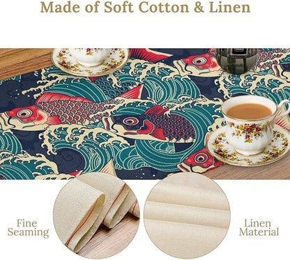 Kio Fish Table Runner Waves Japanese Tradition Art Printed Burlap Runner Home Kitchen Dining Table Living Room Decor Fabric 1 Panel W13xL120in