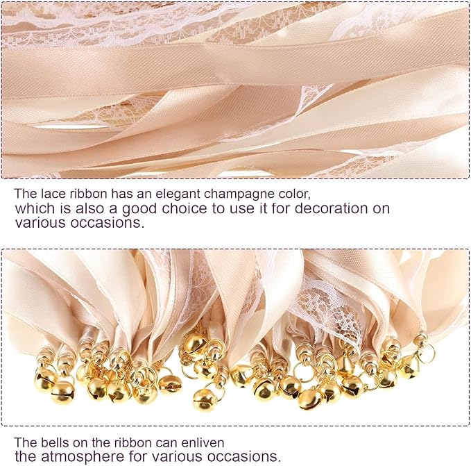 Sumind 40 Pieces Ribbon Wedding Streamers with Bells, Lace Fairy Wand Stick Party Ribbon Streamers Chromatic Silk Streamers for Party, Birthday and Holiday (Champagne)
