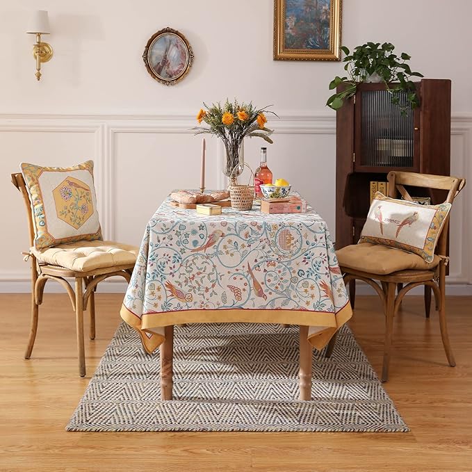patdrea Designer Vintage French Extra Long Rectangular Tablecloth,Floral Birds Pattern Linen Table Cloth,Decorative Cover for Kitchen Dining Banquet,Christmas,Thanksgiving,67"x118"-Magnolia