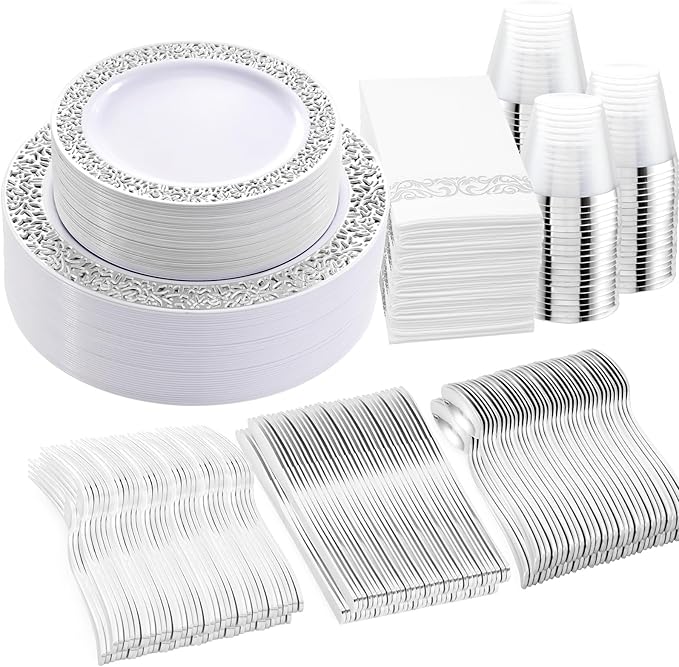 WELLIFE 350pcs Silver Party Dinnerware Set for 50 Guests, Silver Wedding Plates Disposable Heavy Duty, Including :50 Dinner Plates, 50 Dessert Plates, 50 Cups, 50 Napkins, 50 Sliver Silverware Set