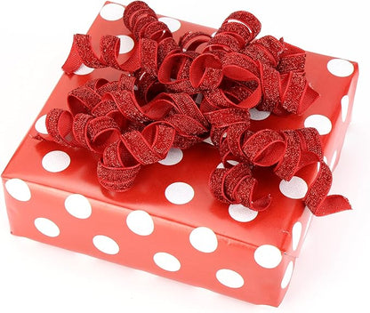 6" Metallic Glitter Red Self Adhesive Curly Ribbon Gift Wrap Bows for Christmas, Holiday, Birthday, Wedding, Presents, Party Favors Decorations 6-Count