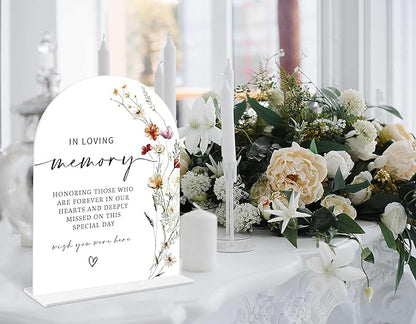 Boho Floral In Loving Memory Sign, 6 x 8 Inch White Arch Acrylic Wedding Sign with Holder, Wedding Sign for Ceremony and Reception, Wedding Decoration, Wedding Supplies - BX05