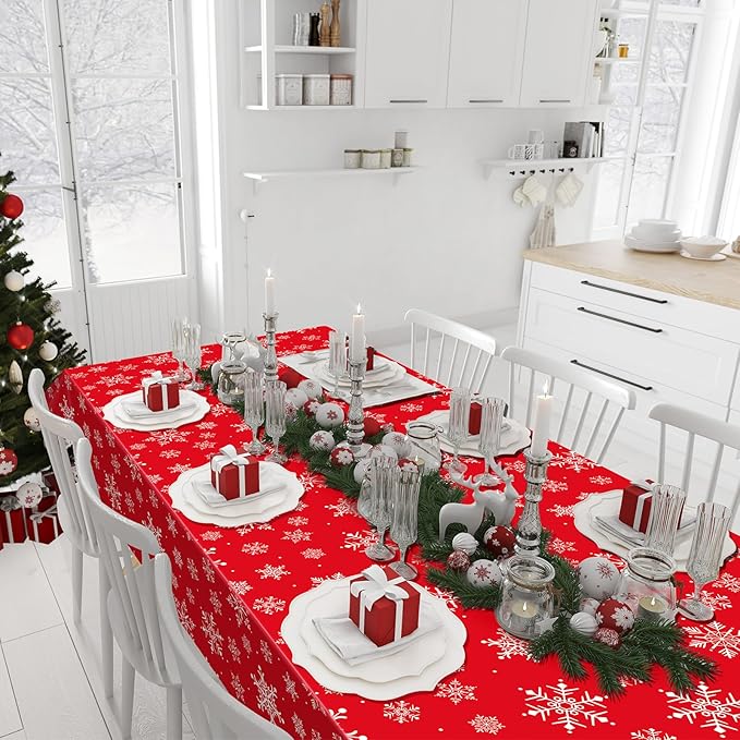 Jectivs 6 Pieces Christmas Snowflake Plastic Party Tablecloth Decorations,White Snowflake Red Xmas Backdrop Sign Table Cover Banner for Winter Christmas Holiday Party Supplies,54x108 inch (Red)