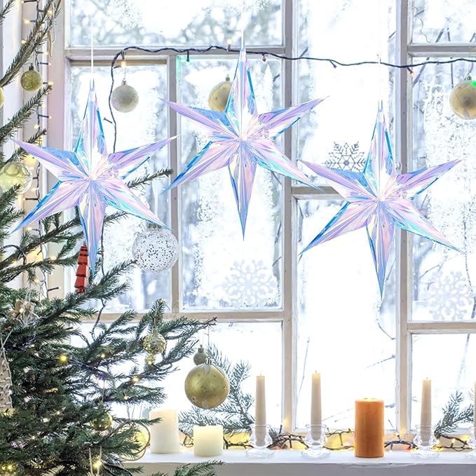 Dazzling Colorful Hexagonal Star Decoration Hanging Decorative Folding Rainbow Shine Party Ornaments for Christmas Tree Winter Party Birthday Wedding Frozen Theme Decoration