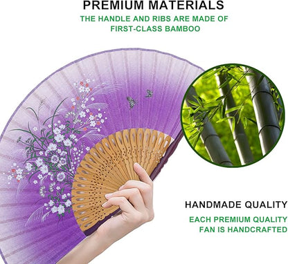Amajiji 8.27"(21cm) Hand Held Bamboo Silk Folding Fan Hand Fan,Chinese/Japanese Charming Elegant Vintage Retro Style,Women Ladys Girls Best Gifts (Purple Grassflower)