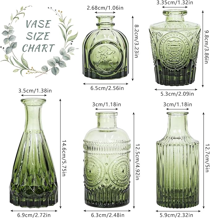 Glass Bud Vase Set of 5, Green Small Flower Vases for Centerpieces in Bulk, Mini Vintage Vase for Rustic Wedding, Home,Table Decoration