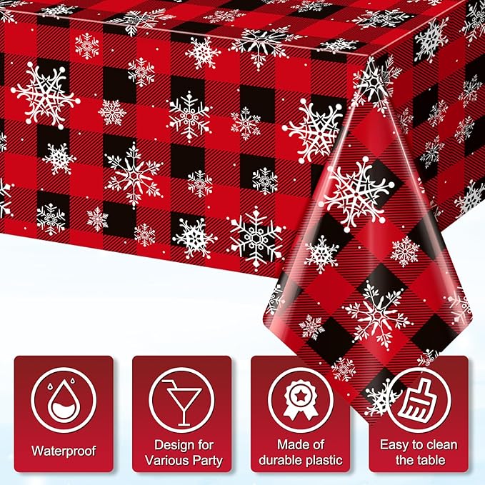 3 Pieces Red and Black Buffalo Plaid Merry Christmas Party Tablecloth Decorations,Plastic White Snowflake Buffalo Plaid Sign Table Cover for Winter Christmas Holiday Party Supplies,54x108 inch