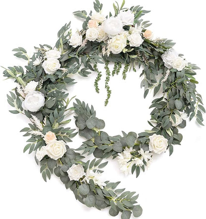 Ling's Moment 9FT Spring Flower Garland for Backdrop Decorations - Wedding Arch Flowers, Eucalyptus & Rose, Artificial Floral Garland for Mantel - Sweetheart Table Decor for Reception, White & Sage