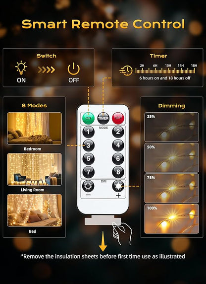 Brightown 300 LED Fairy Curtain Lights, 9.8ft x 9.8ft Warm White Curtain String Lights, USB Plug in 8 Lighting Modes Christmas Decoration, Hanging Lights with Remote for Bedroom Indoor Weddings Dorm