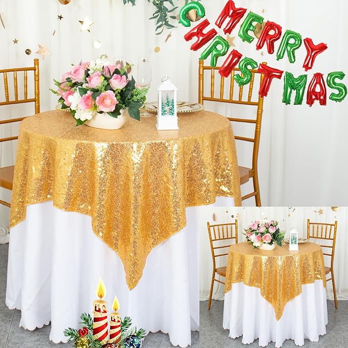 ShinyBeauty Gold Tablecloths 36X36 Inch, 2 Pieces Sequin Table Cloth for Party Sparkle Tablecloth Square Golden Small Shimmer Table Overlay for Wedding, Birthday, Holiday,Cake Tables