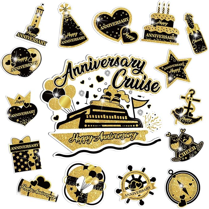 Happy Anniversary Cruise Door Magnets Decorations, Black Gold Happy Anniversary Cruise Ship Door Decor Magnetic for Married Men Women Wedding Party Fridge Refrigerator Car Kitchen Garage Personalized