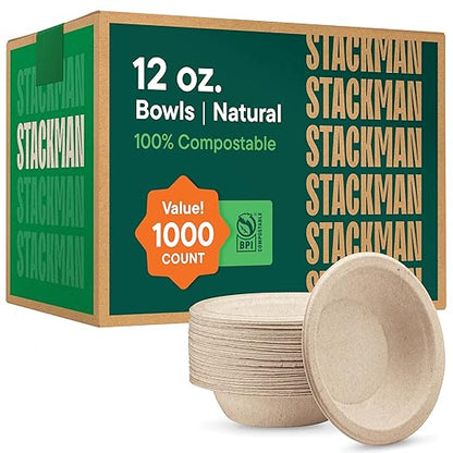 100% Compostable Paper Bowls 12 oz. [1000 Count] Heavy-Duty Soup Bowls - Natural Brown Color Unbleached Bagasse Bowls - Eco-Friendly Disposable Biodegradable Sugarcane - [Bulk Case 8/125 Pack]